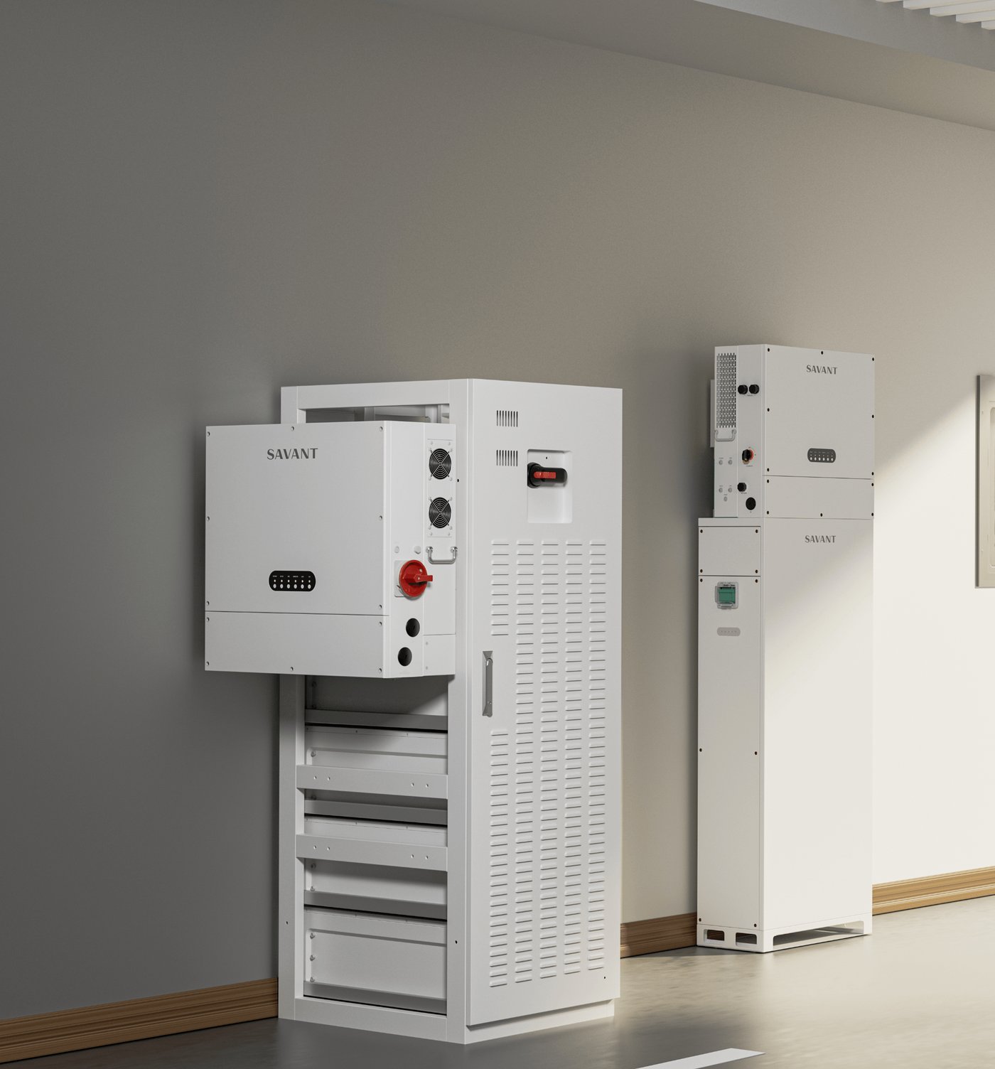Savant Power Storage battery cabinets in a garage, one unit with an open quick-load battery bay, both branded Savant