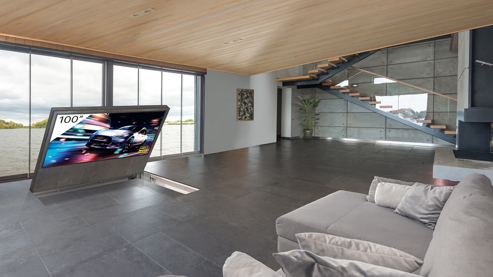 In-floor hidden TV lift SRV-HU with Sony FW-100BZ40J