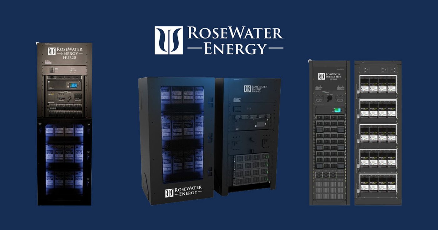 RoseWater Energy product family showing the HUB20, HUB40, and 3-Phase systems with battery modules and power conditioning hardware
