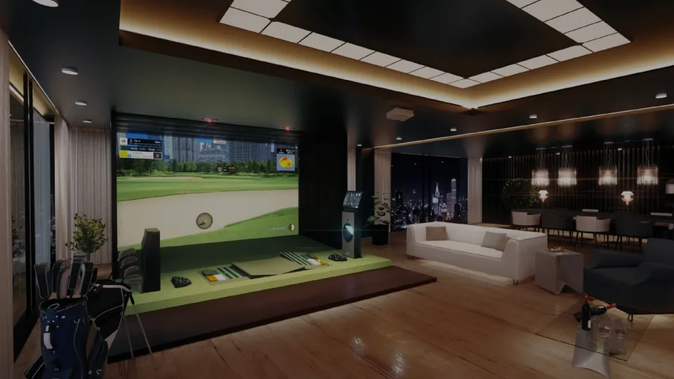 Golf simulator built into an entertainment room with lounge seating